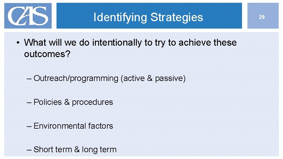 Identifying Strategies • What will we do intentionally to try to achieve these outcomes?