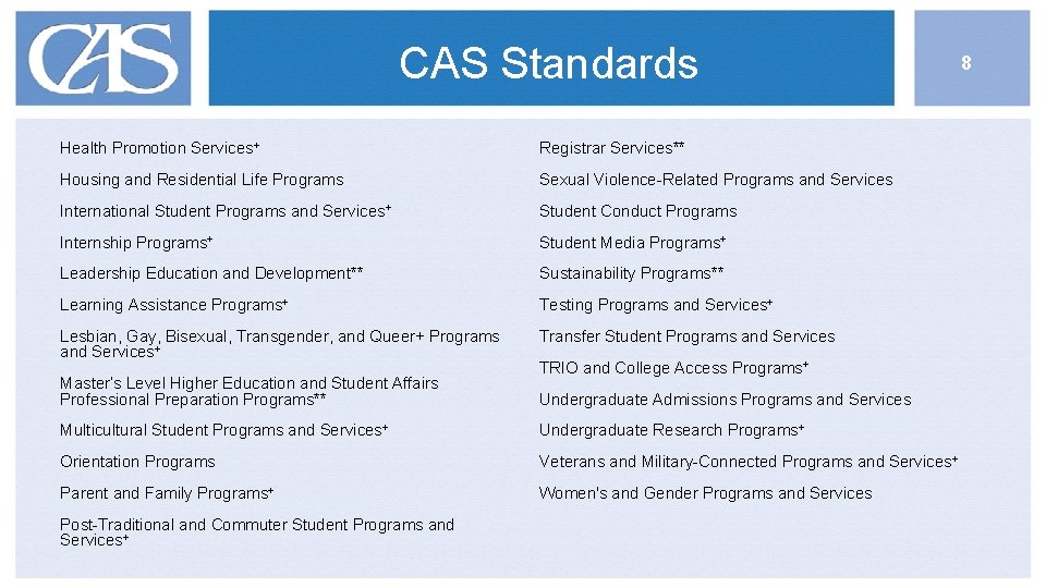 CAS Standards Health Promotion Services+ Registrar Services** Housing and Residential Life Programs Sexual Violence-Related