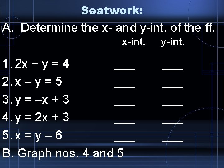 Seatwork: A. Determine the x- and y-int. of the ff. x-int. 1. 2 x