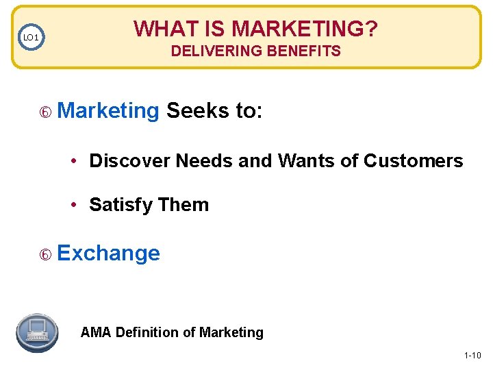 LO 1 WHAT IS MARKETING? DELIVERING BENEFITS Marketing Seeks to: • Discover Needs and