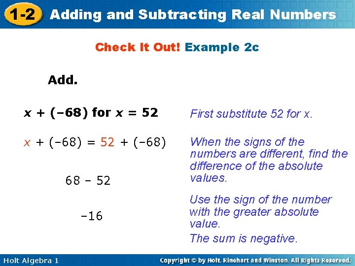 1 -2 Adding and Subtracting Real Numbers Check It Out! Example 2 c Add.