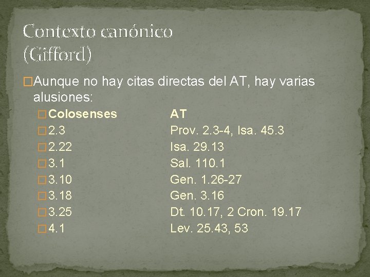 Contexto canónico (Gifford) �Aunque no hay citas directas del AT, hay varias alusiones: � Contexto canónico (Gifford) �Aunque no hay citas directas del AT, hay varias alusiones: �