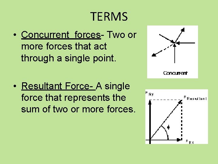 TERMS • Concurrent forces- Two or more forces that act through a single point.