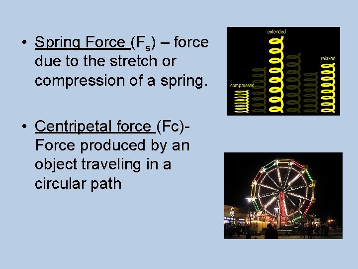  • Spring Force (Fs) – force due to the stretch or compression of