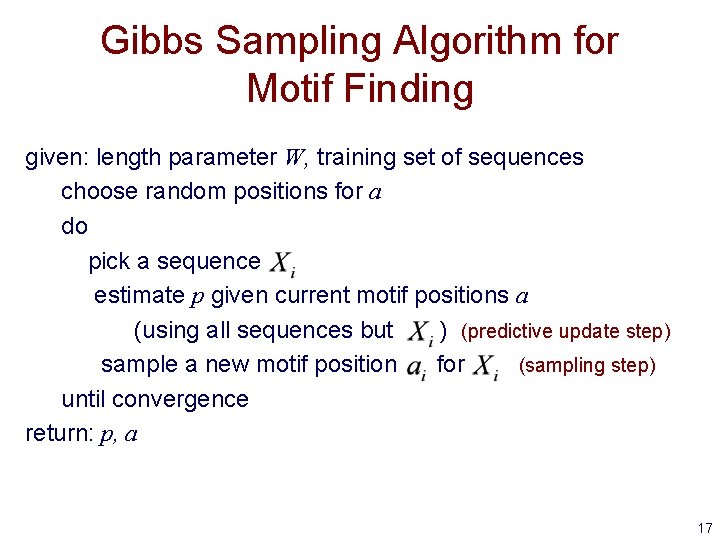 Gibbs Sampling Algorithm for Motif Finding given: length parameter W, training set of sequences Gibbs Sampling Algorithm for Motif Finding given: length parameter W, training set of sequences