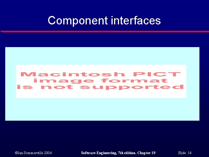 Component interfaces ©Ian Sommerville 2004 Software Engineering, 7 th edition. Chapter 19 Slide 14 Component interfaces ©Ian Sommerville 2004 Software Engineering, 7 th edition. Chapter 19 Slide 14