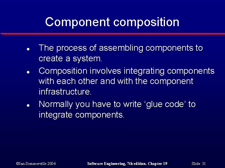 Component composition l l l The process of assembling components to create a system. Component composition l l l The process of assembling components to create a system.