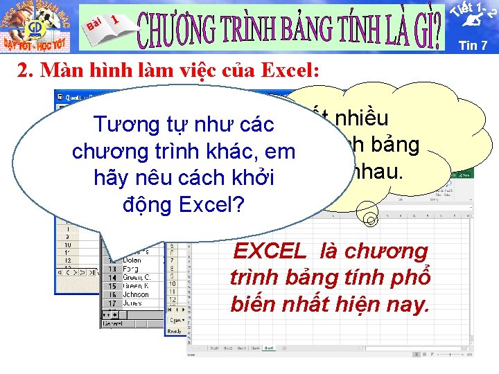 i Bà 1 Tin 7 2. Màn hình làm việc của Excel: Tương tự