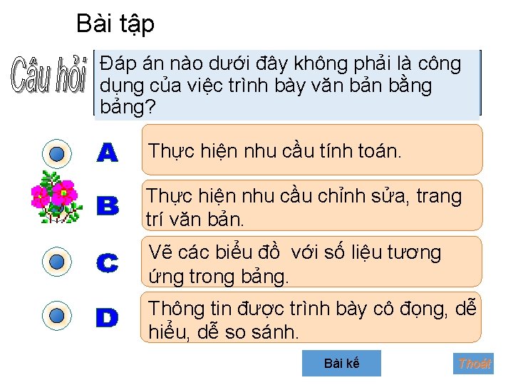 Bài tập Đáp án nào dưới đây không phải là công dụng của việc