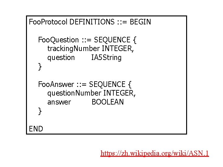 Foo. Protocol DEFINITIONS : : = BEGIN Foo. Question : : = SEQUENCE { Foo. Protocol DEFINITIONS : : = BEGIN Foo. Question : : = SEQUENCE {
