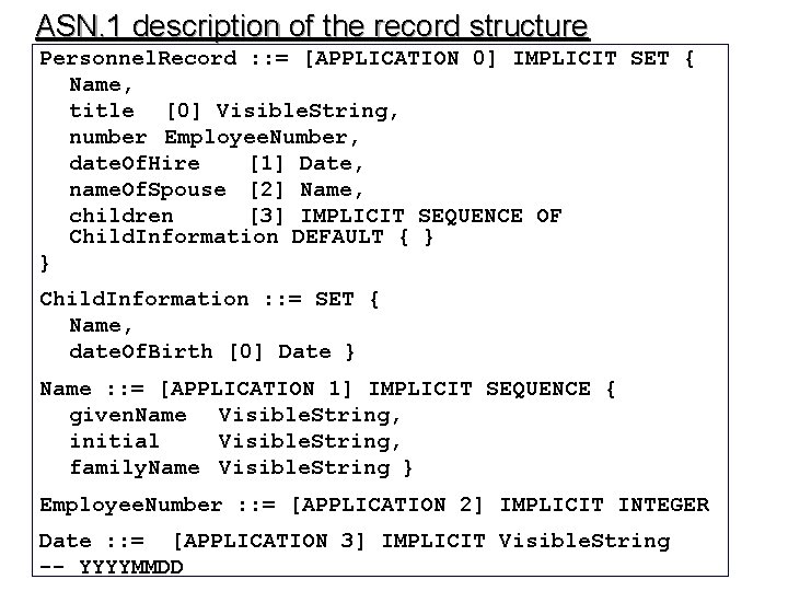 ASN. 1 description of the record structure Personnel. Record : : = [APPLICATION 0]