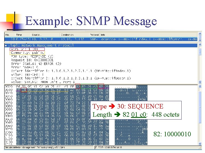 Example: SNMP Message Type 30: SEQUENCE Length 82 01 c 0: 448 octets 82: