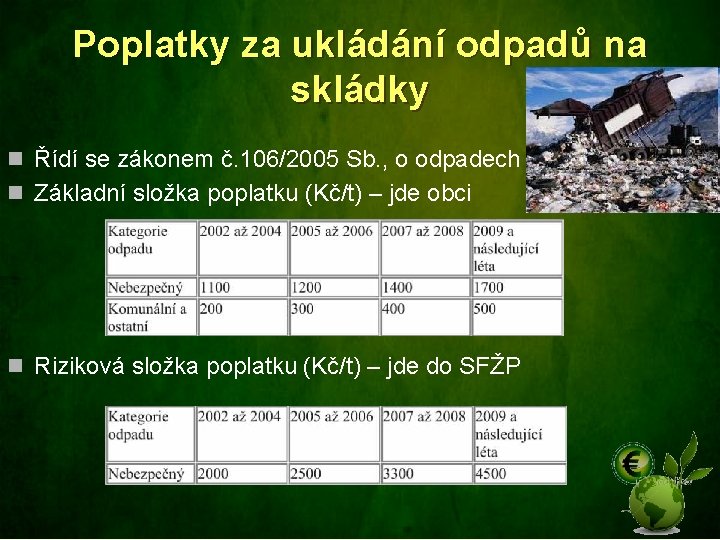 Poplatky za ukládání odpadů na skládky n Řídí se zákonem č. 106/2005 Sb. ,