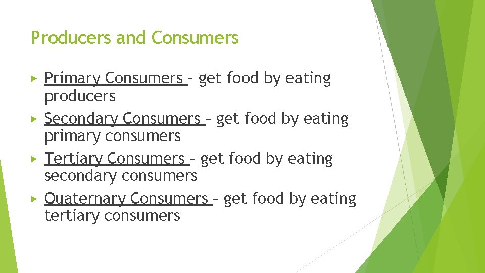 Producers and Consumers Primary Consumers – get food by eating producers ▶ Secondary Consumers