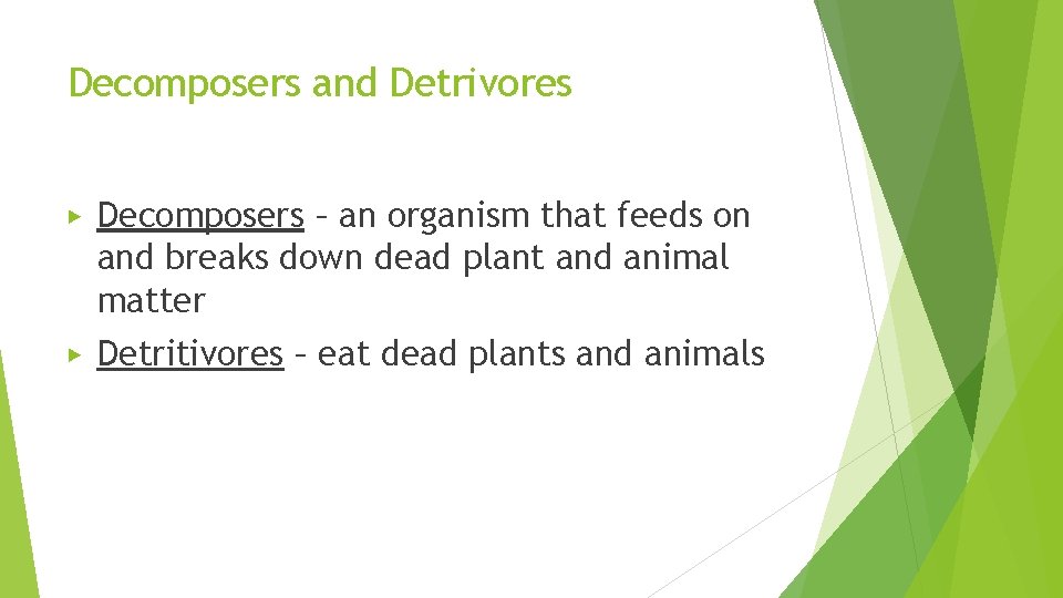 Decomposers and Detrivores ▶ Decomposers – an organism that feeds on and breaks down