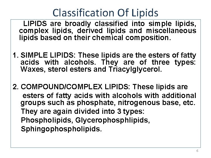 Classification Of Lipids LIPIDS are broadly classified into simple lipids, complex lipids, derived lipids