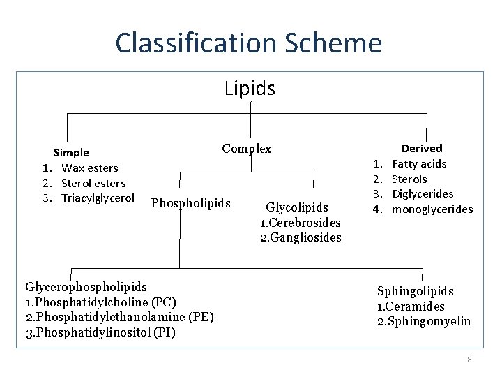 Classification Scheme Lipids Simple 1. Wax esters 2. Sterol esters 3. Triacylglycerol Complex Phospholipids