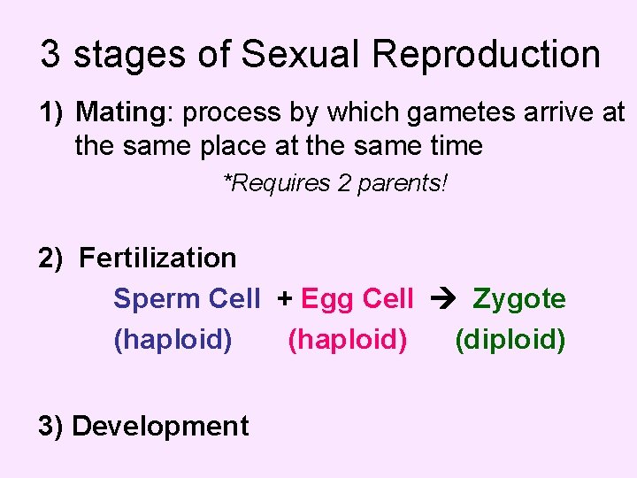 3 stages of Sexual Reproduction 1) Mating: process by which gametes arrive at the