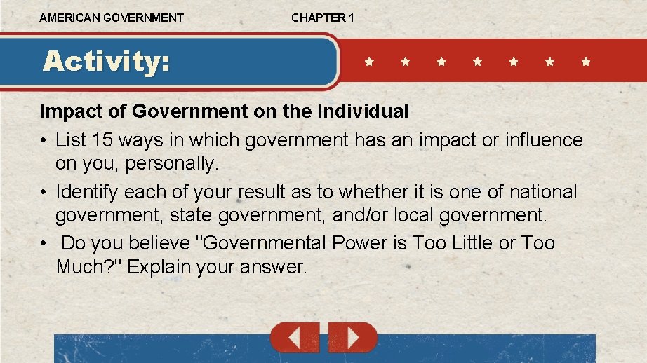 AMERICAN GOVERNMENT CHAPTER 1 Activity: Impact of Government on the Individual • List 15