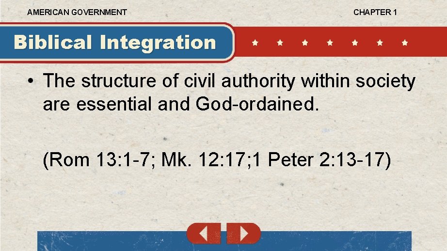 AMERICAN GOVERNMENT CHAPTER 1 Biblical Integration • The structure of civil authority within society