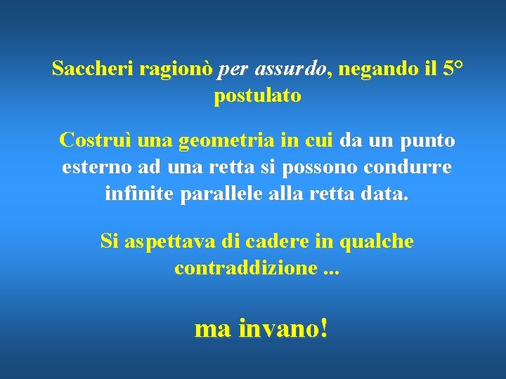 Saccheri ragionò per assurdo, negando il 5° postulato Costruì una geometria in cui da