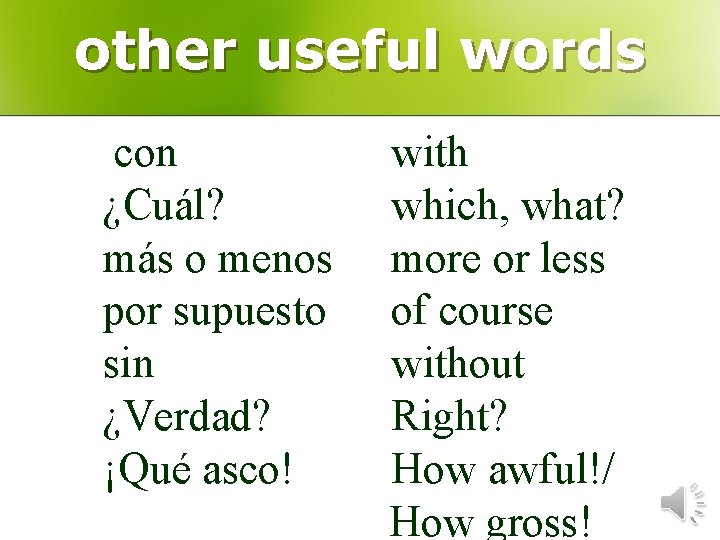 other useful words con ¿Cuál? más o menos por supuesto sin ¿Verdad? ¡Qué asco!