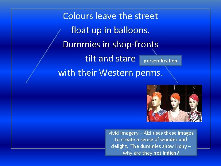 Colours leave the street float up in balloons. Dummies in shop-fronts tilt and stare