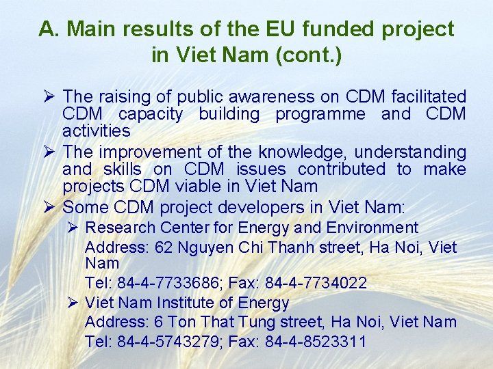A. Main results of the EU funded project in Viet Nam (cont. ) Ø