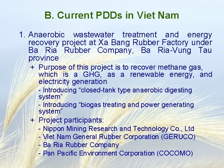 B. Current PDDs in Viet Nam 1. Anaerobic wastewater treatment and energy recovery project