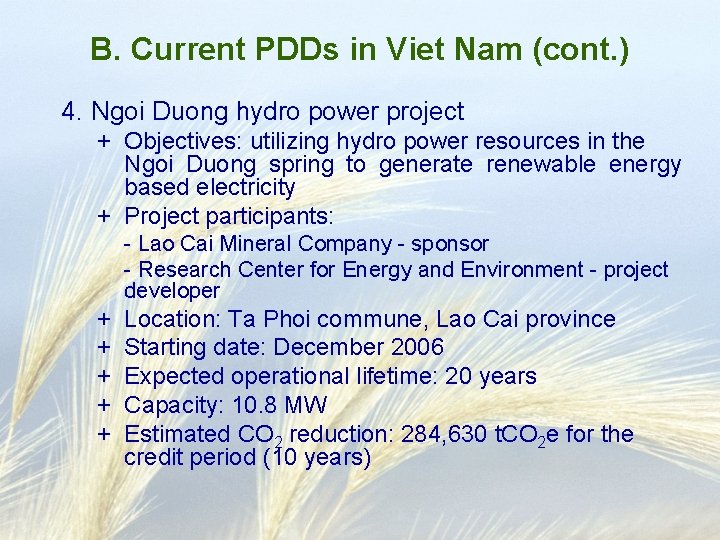 B. Current PDDs in Viet Nam (cont. ) 4. Ngoi Duong hydro power project
