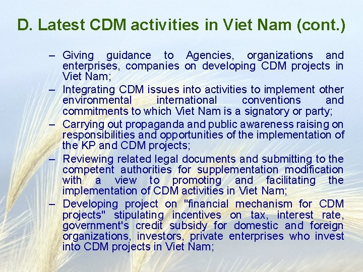 D. Latest CDM activities in Viet Nam (cont. ) – Giving guidance to Agencies,