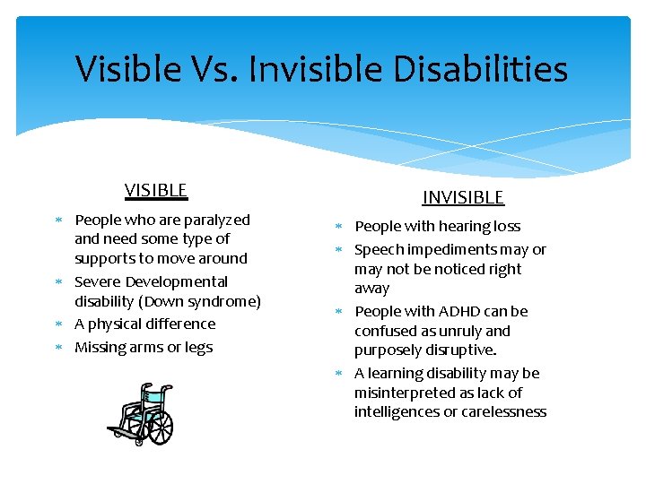 Visible Vs. Invisible Disabilities VISIBLE People who are paralyzed and need some type of