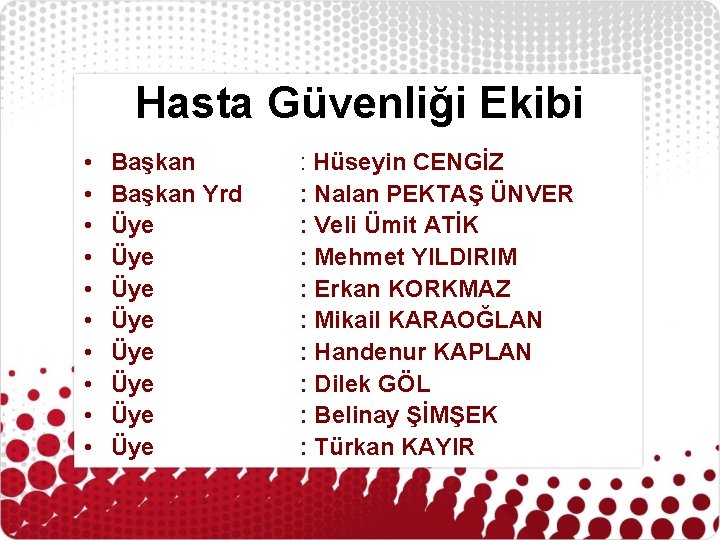 Hasta Güvenliği Ekibi • • • Başkan Yrd Üye Üye : Hüseyin CENGİZ :