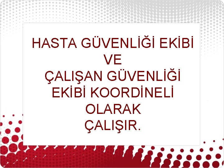 HASTA GÜVENLİĞİ EKİBİ VE ÇALIŞAN GÜVENLİĞİ EKİBİ KOORDİNELİ OLARAK ÇALIŞIR. 