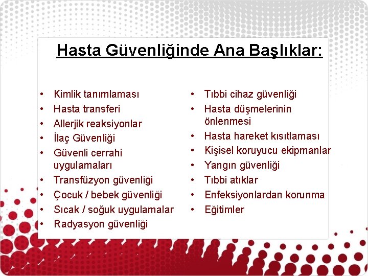 Hasta Güvenliğinde Ana Başlıklar: • • • Kimlik tanımlaması Hasta transferi Allerjik reaksiyonlar İlaç