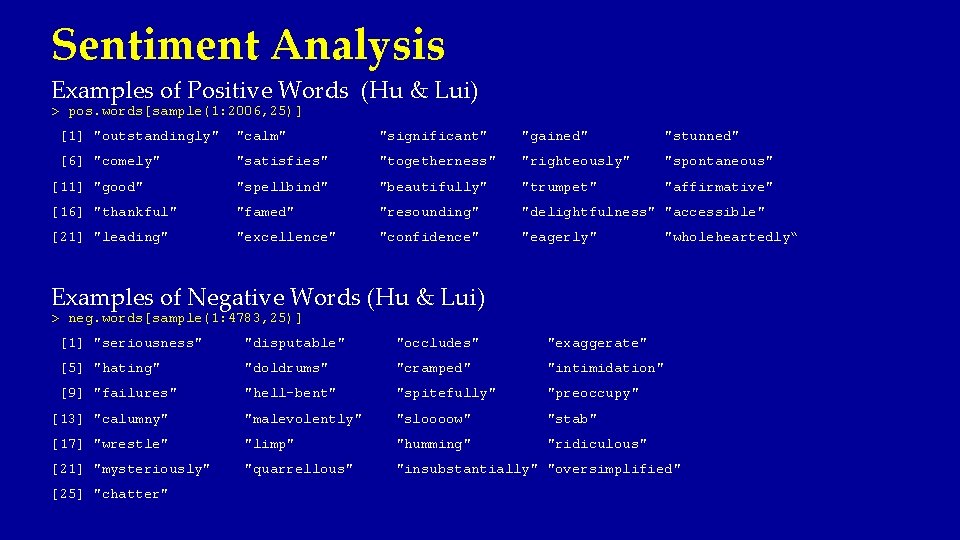 Sentiment Analysis Examples of Positive Words (Hu & Lui) > pos. words[sample(1: 2006, 25)]