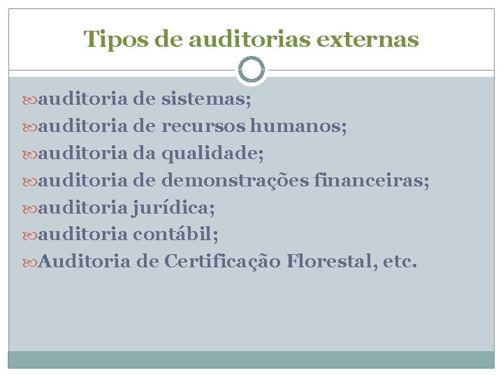 Tipos de auditorias externas auditoria de sistemas; auditoria de recursos humanos; auditoria da qualidade;