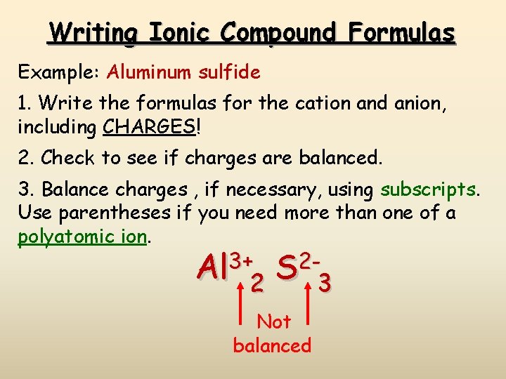 Writing Ionic Compound Formulas Example: Aluminum sulfide 1. Write the formulas for the cation