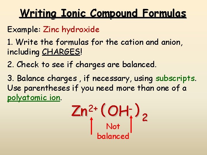 Writing Ionic Compound Formulas Example: Zinc hydroxide 1. Write the formulas for the cation