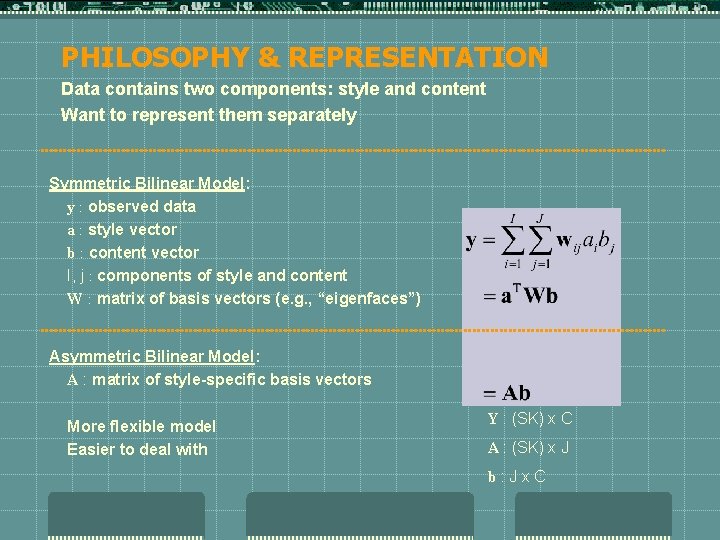 PHILOSOPHY & REPRESENTATION Data contains two components: style and content Want to represent them