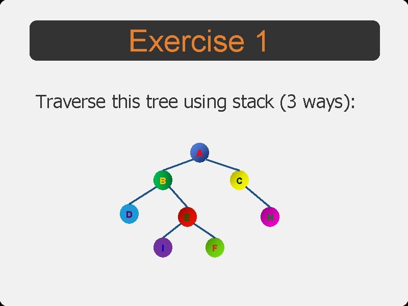 Exercise 1 Traverse this tree using stack (3 ways): A B D C E