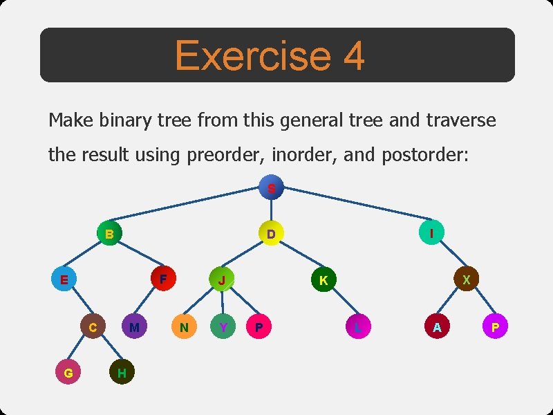 Exercise 4 Make binary tree from this general tree and traverse the result using