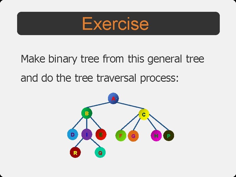Exercise Make binary tree from this general tree and do the tree traversal process: