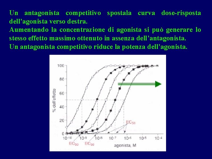 Un antagonista competitivo spostala curva dose-risposta dell’agonista verso destra. Aumentando la concentrazione di agonista