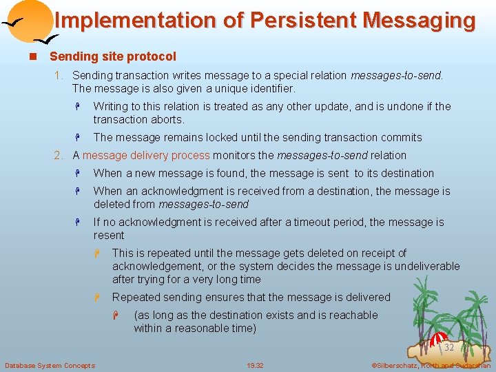Implementation of Persistent Messaging n Sending site protocol 1. Sending transaction writes message to