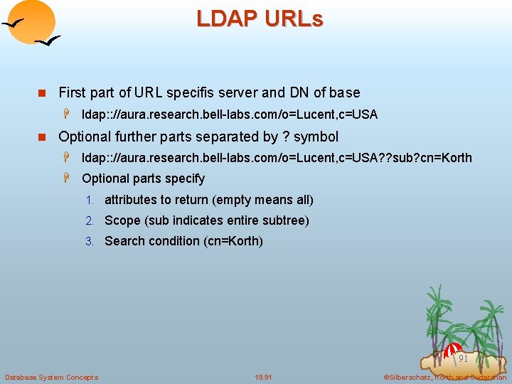 LDAP URLs n First part of URL specifis server and DN of base H