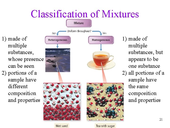 Classification of Mixtures 1) made of multiple substances, whose presence can be seen 2) Classification of Mixtures 1) made of multiple substances, whose presence can be seen 2)