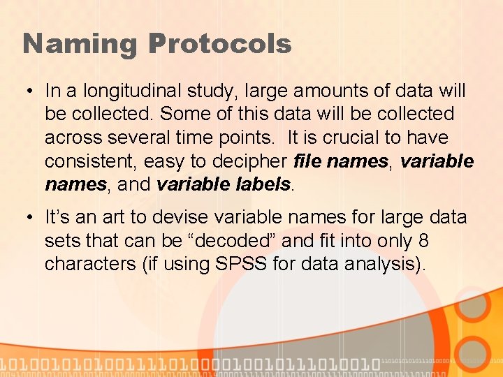 Naming Protocols • In a longitudinal study, large amounts of data will be collected.