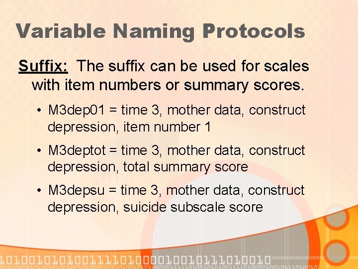 Variable Naming Protocols Suffix: The suffix can be used for scales with item numbers