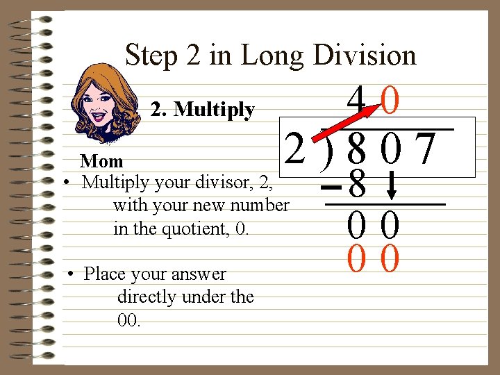 Step 2 in Long Division 40 2. Multiply 2)807 Mom • Multiply your divisor,